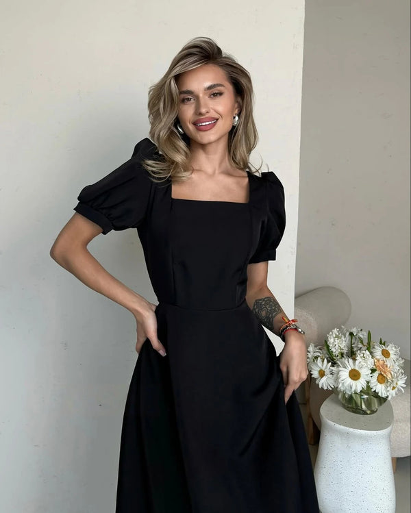 Black Puff-Sleeve Midi Dress with Square Neckline