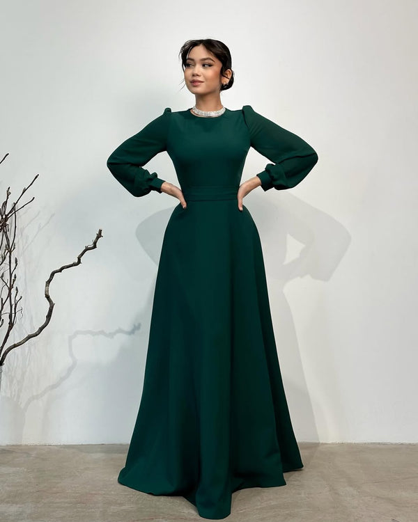 Long-Sleeved Emerald Green Dress with Embellished Neckline
