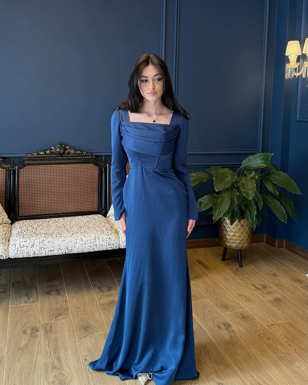 Sleek Blue Occasion Dress with Unique Pleated Neckline