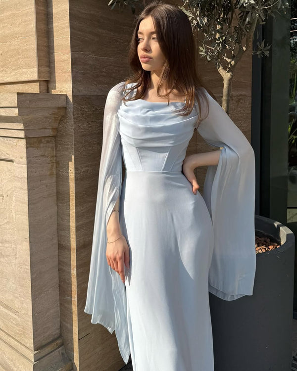 White Chiffon Gown with Wide Flutter Sleeves