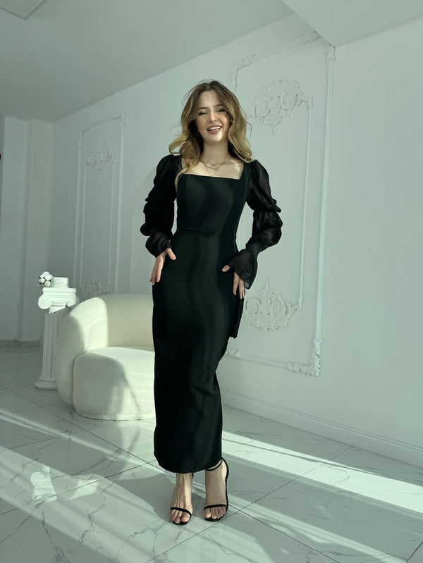Black Square Neck Dress with Tie Sleeves