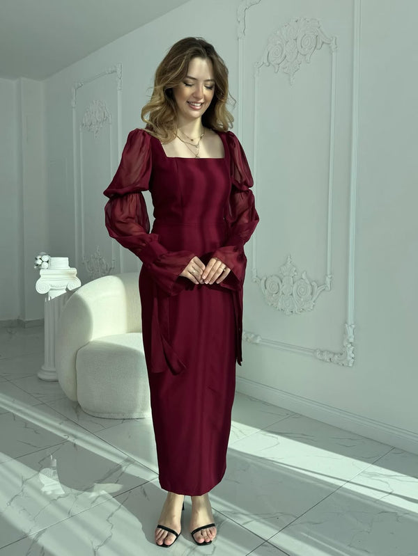 Fitted Midi Dress with Tie-Cuff Chiffon Sleeves