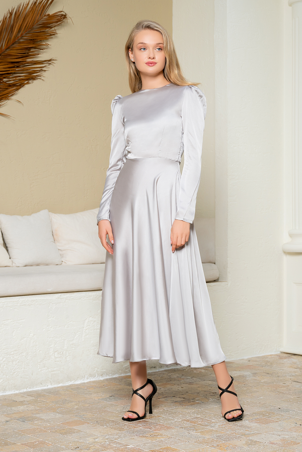 Elegant Silk A-lINE Midi Dress in Grey