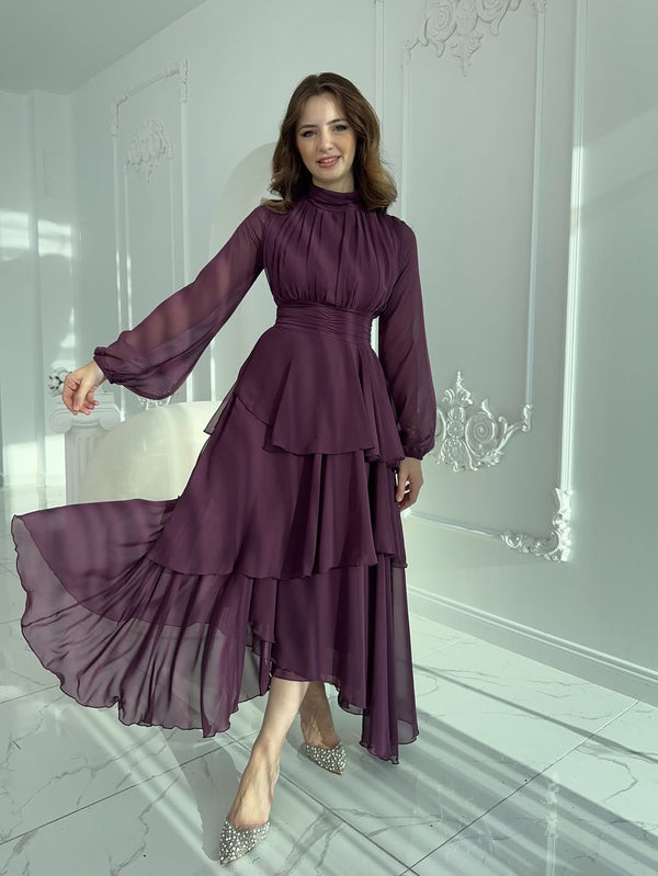 Elegant Purple Layered Chiffon Dress