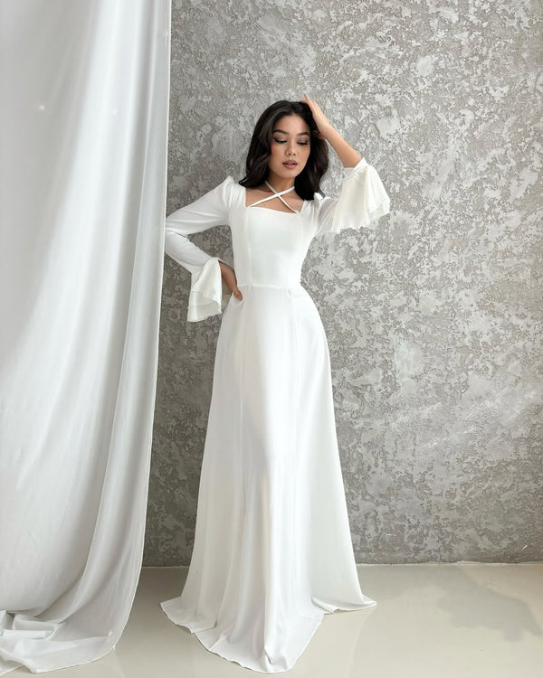 White Evening Gown with Ruffled Puff Sleeves and Crisscross Neckline