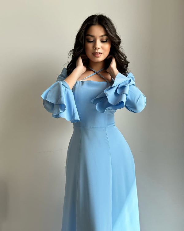 Blue Evening Gown with Ruffled Puff Sleeves and Crisscross Neckline