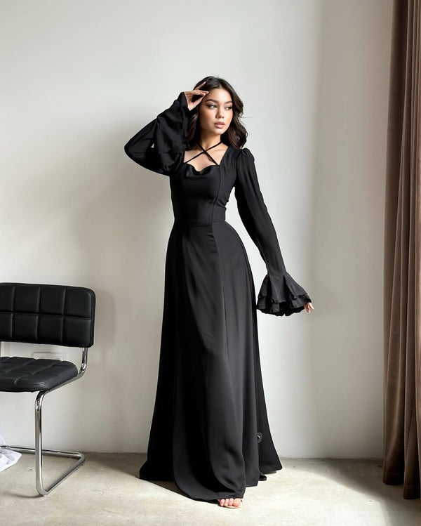 Black Evening Gown with Ruffled Puff Sleeves and Crisscross Neckline