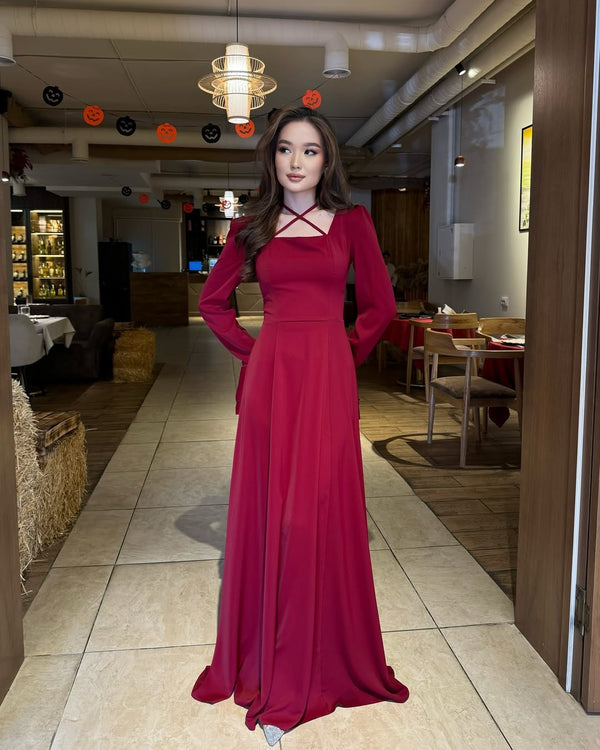 Maroon Evening Gown with Ruffled Puff Sleeves and Crisscross Neckline