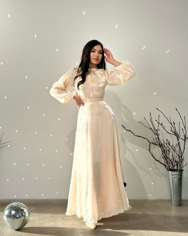 Elegant Cream Satin Gown with High Neck and Puff Sleeves