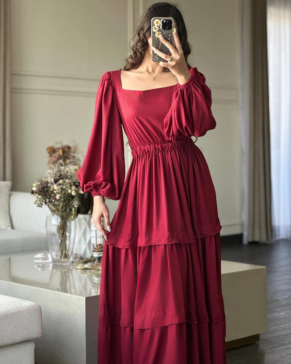 Claret Red Square-Neck Maxi Dress with Balloon Sleeves