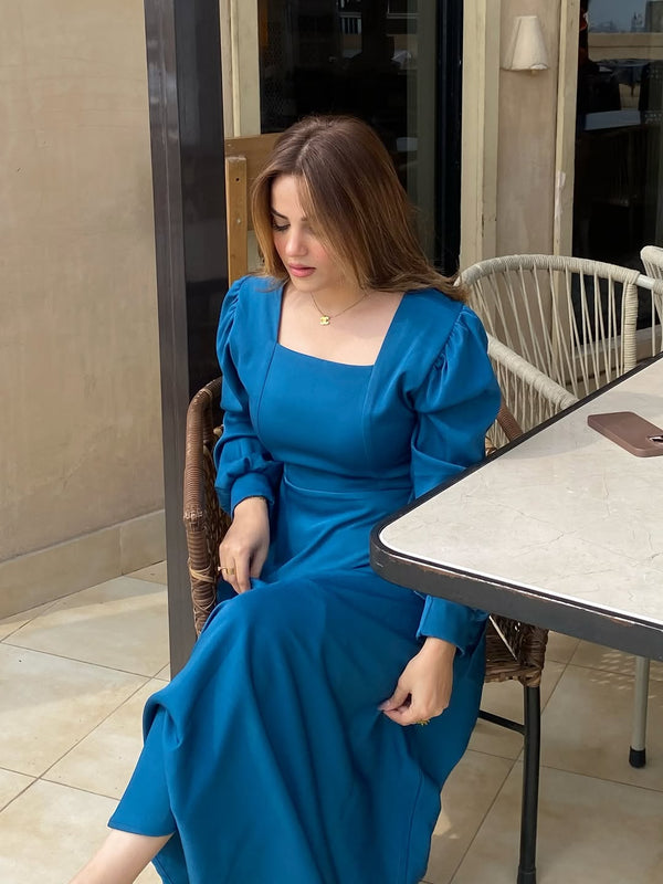 Teal Satin Square-Neck Midi Dress