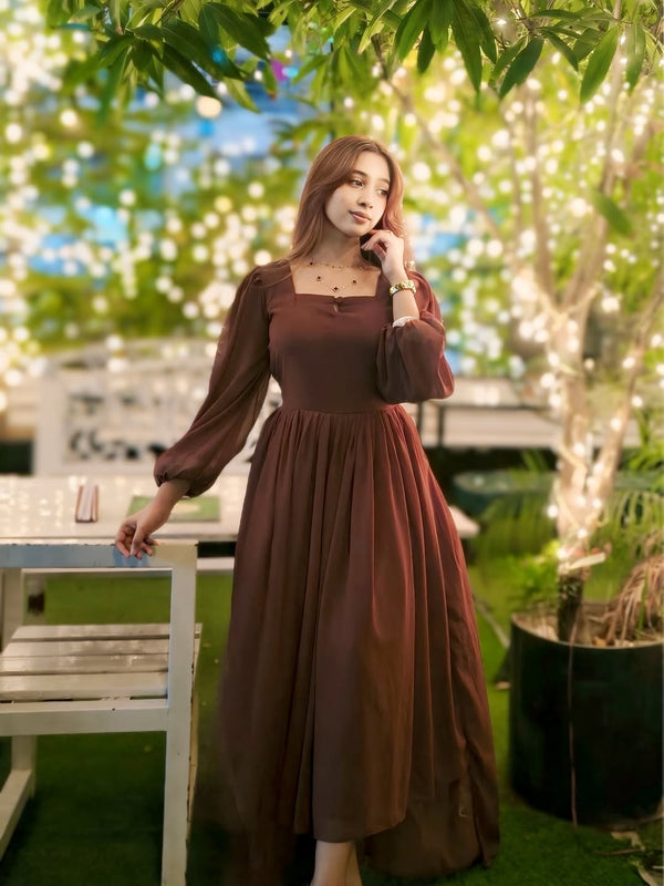 Mocha Square-Neck Dress with Draped Bodice and Puffed Sleeves